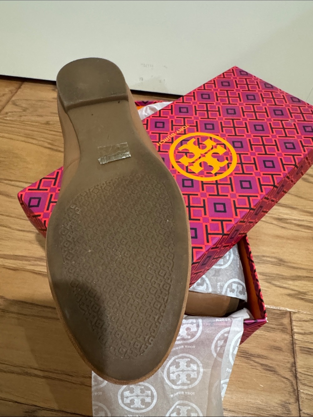 Tory Burch Tan Leather Logo Benton Ballet Flat with Gold Medallion - Picture 2 of 9